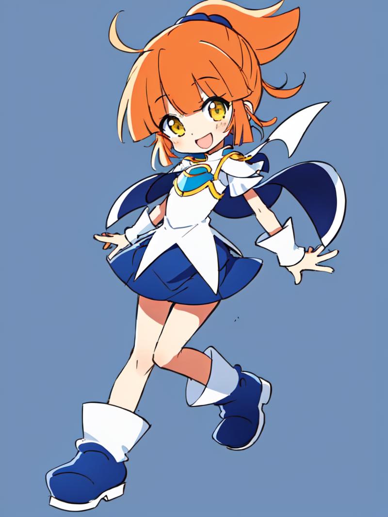 00064-382064520-arle nadja kawaii petit cute girl yellow eyes brown hair,half updo short topknot blue skirt, blue short sleeves, blue breast arm.png